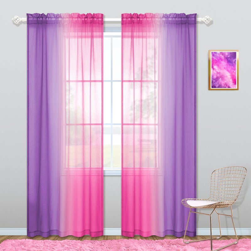 KOUFALL Room Decor for Teen Girls Bedroom Decoration Pink and Purple Sheer Kids Curtains Set of 2 Panels 52 x 84 Inch Length - Image 1